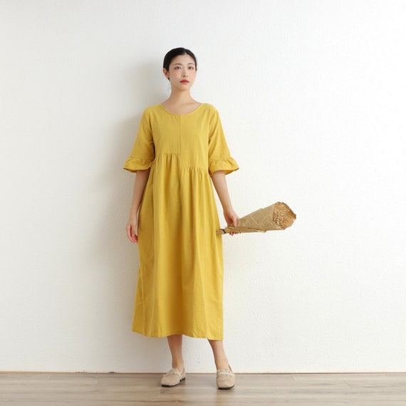 Women Cotton Dress Soft Casual Loose Robes Half Sleeves Shift Dress Boho Maxi Dresses Customized Dress Plus Size Clothing Linen