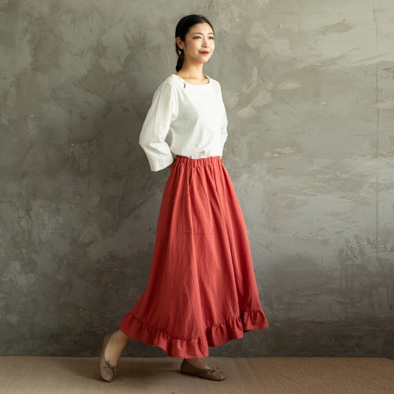 Summer Cotton Skirts A-line Pleated High-Low Hem Elastic Waist Skirt Flared Casual Loose Maxi Skirts Customized Plus Size Skirt Boho Linen image 5