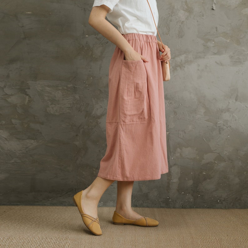 Casual Loose Summer Cotton Skirts A-line Pleated Elastic Waist Skirt Flared Midi Skirts Customized Plus Size Skirt Boho Linen image 7