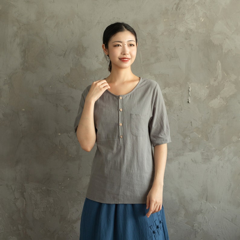 Women's Summer Cotton Tops Half Sleeves Blouse Casual Loose Kimono Customized Shirt Top Hand Made Plus Size Clothes Linen image 4