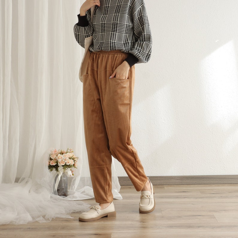 Corduroy Pant Elastic waist pants Soft Velvet pants for women Loose long pants wide leg trousers plus size pants Spring Winter Fall Pant image 6