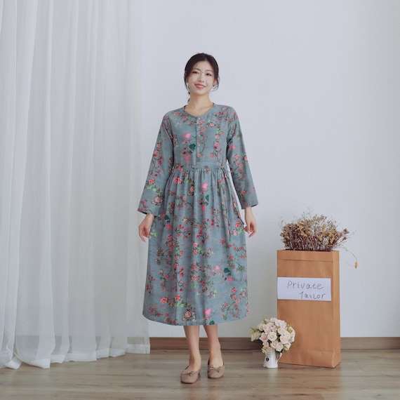 printed fall dress Printed Dress Floral Cotton Spring Fall Dress neck buttons Casual Loose Tunics long Sleevele Robes Customized Dress Plus Size Linen Dress