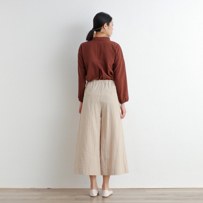 Summer Elastic Waist Cotton Pants Soft Casual Loose Cropped Pant Midi Trousers Wide Leg Skirt Pant Customized Plus Size Pants Linen image 6