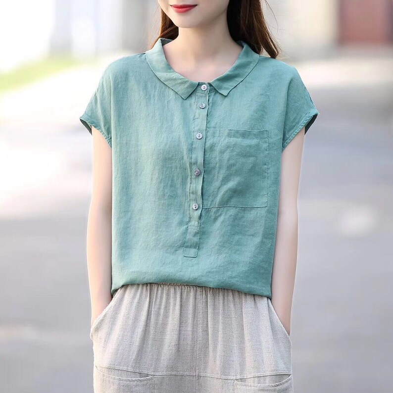 Women's Summer Cotton Tops Short Sleeves Blouse Casual Etsy