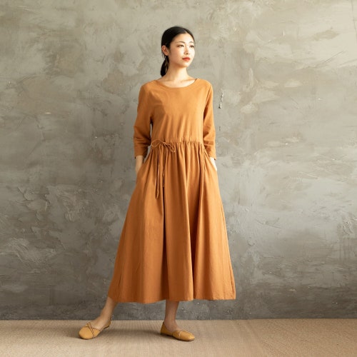 Summer Cotton Dress Shirt Casual Loose Dress Tunics 3/4 Sleeves Robes Maxi Dresses Customized Dress Plus Size Clothing Linen Summer Cotton Dress Shirt Casual Loose Dress Tunics 3/4 Sleeves Robes Maxi Dresses Customized Dress Plus Size Clothing Linen