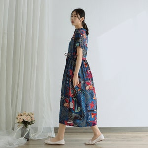 Printed Dress Summer Floral Cotton Dress Shirt Casual Loose Dress Tunics Short Sleeves Midi Dresses Customize Dress Plus Size Linen Dress image 5