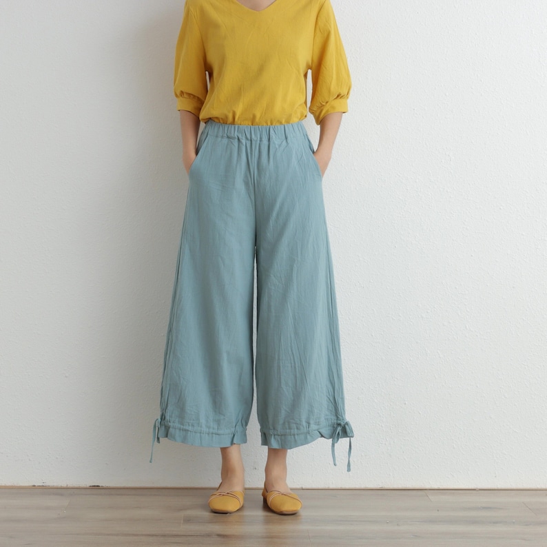 Summer Women Elastic Waist Cotton Pants Soft Casual Loose Boho Trousers Wide Leg Pant Customized Plus Size Pants Linen Spring Pant image 1