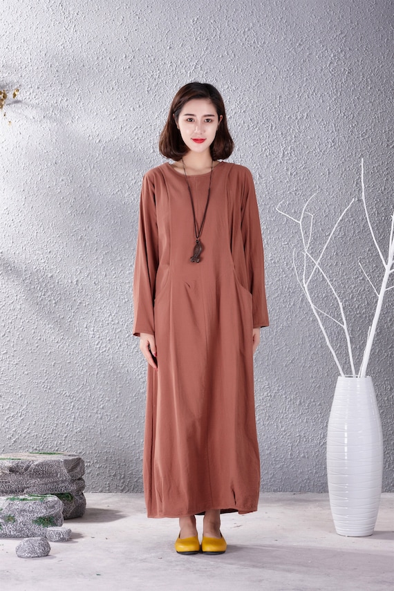 Clearance Spring Fall Dress Cotton Dress Casual Loose Soft Dresses Long Sleeves Maxi Dress Warm Homewear