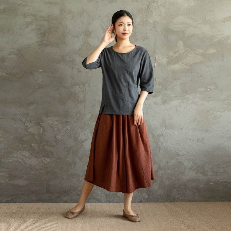 Summer Elastic Waist Cotton Pants Soft Casual Loose Cropped Pant Midi Trousers Wide Leg Skirt Pant Customized Plus Size Pants Linen image 2