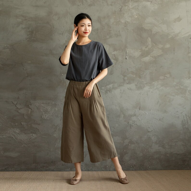 Summer Pants Elastic Waist Cotton Pants Soft Casual Loose Cropped Pant Midi Trousers Wide Leg Skirt Pant Customized Plus Size Linen Pant image 3