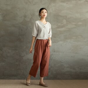 Summer Elastic Waist Cotton Pants Soft Casual Loose Cropped Pant Midi Trousers Wide Leg Skirt Pant Customized Plus Size Pants Linen Pant image 4