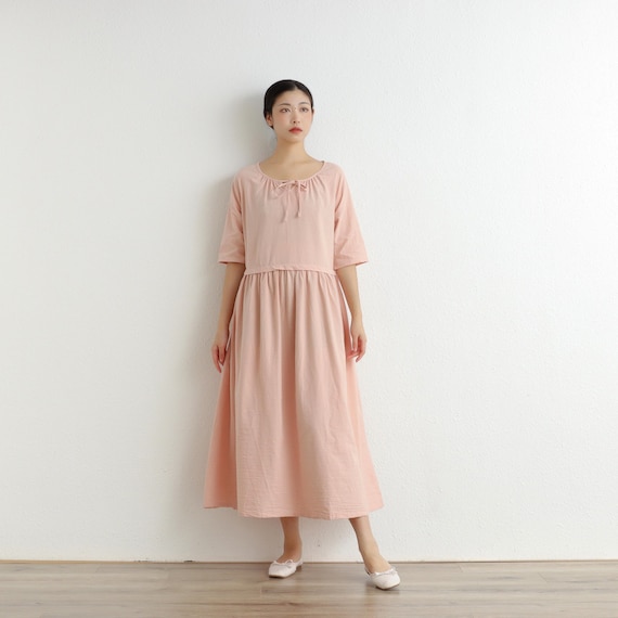 white christmas dresses Brown Cotton Linen Yoked Knee Length Shift Dress Custom Size (Free) / Custom Height (Free) main image 1