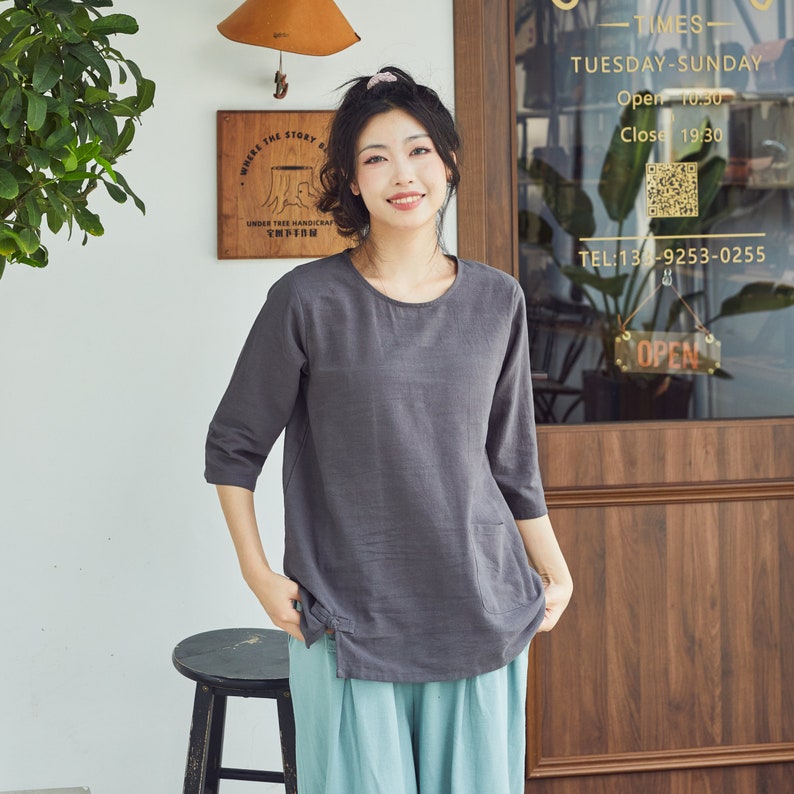 Women's Summer Cotton Tops Half Sleeves Blouse Casual Loose Kimono Customized Shirt Top Hand Made Plus Size Clothes Linen image 5