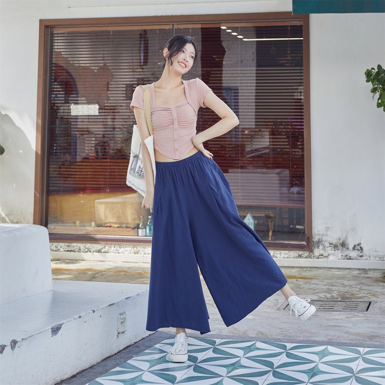 Summer Elastic Waist Cotton Pants Soft Casual Loose Skirt Pant Trousers Wide Leg Pant Customized Plus Size Pants Linen Spring Pant image 1