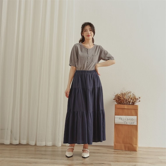 Summer Cotton Skirt Casual Loose Skirts A line Pleated Elastic Waist Skirt Flared Midi Skirts Customized Plus Size Skirt Boho Linen Skirt