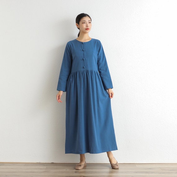 Winter Heavier Cotton Fabric Dress Fall Dress Thicker Warm Dress Long Sleeves Outwear Dresses Tailored XS-6XL (Handmade Custom Plus Size)
