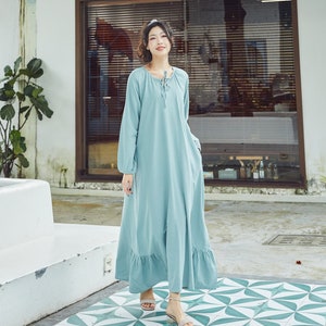 Women Cotton Dress Soft Casual Loose Robes Long Sleeves Shift Dress Boho Maxi Dresses Customized Dress Plus Size Clothing Linen Dress image 4