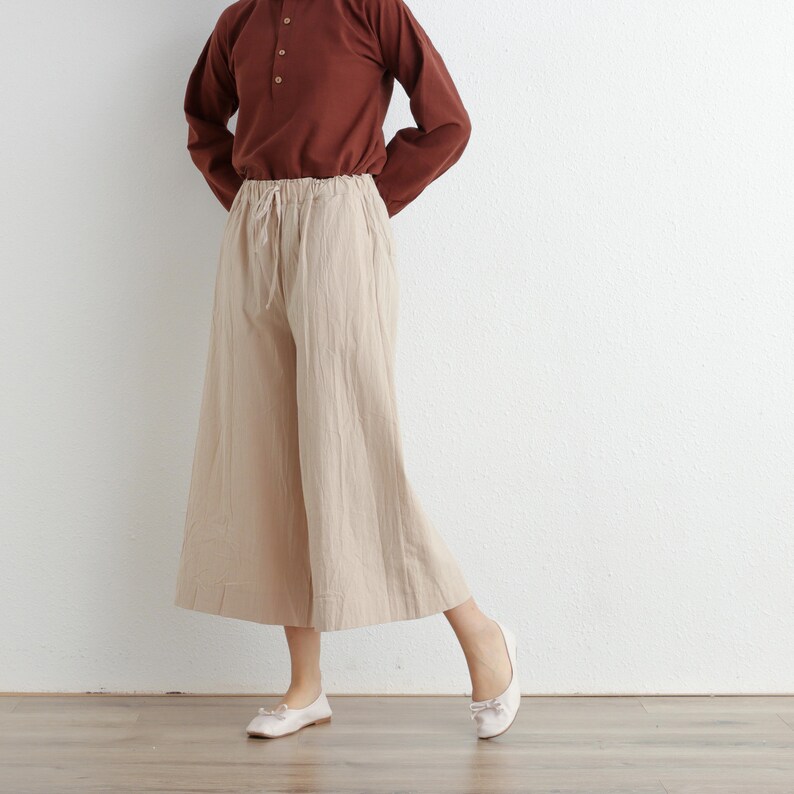 Summer Elastic Waist Cotton Pants Soft Casual Loose Cropped Pant Midi Trousers Wide Leg Skirt Pant Customized Plus Size Pants Linen image 5