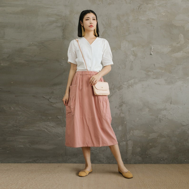 Casual Loose Summer Cotton Skirts A-line Pleated Elastic Waist Skirt Flared Midi Skirts Customized Plus Size Skirt Boho Linen image 1