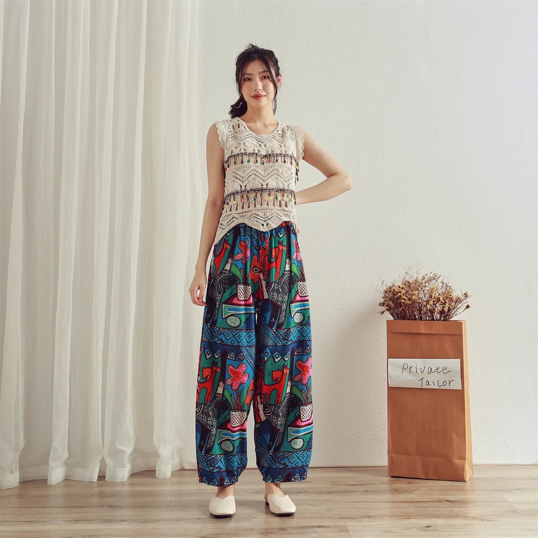 【新品未開封・送料無料】 Floral Summer Pant Printed Elastic Waist Cotton Pants Soft Clothing