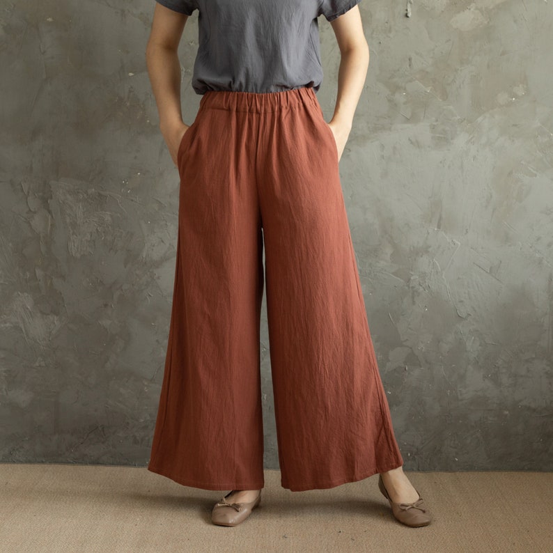 Summer Women Elastic Waist Cotton Pants Soft Casual Loose Boho Trousers Wide Leg Pant Customized Plus Size Pants Linen Spring Pant image 6