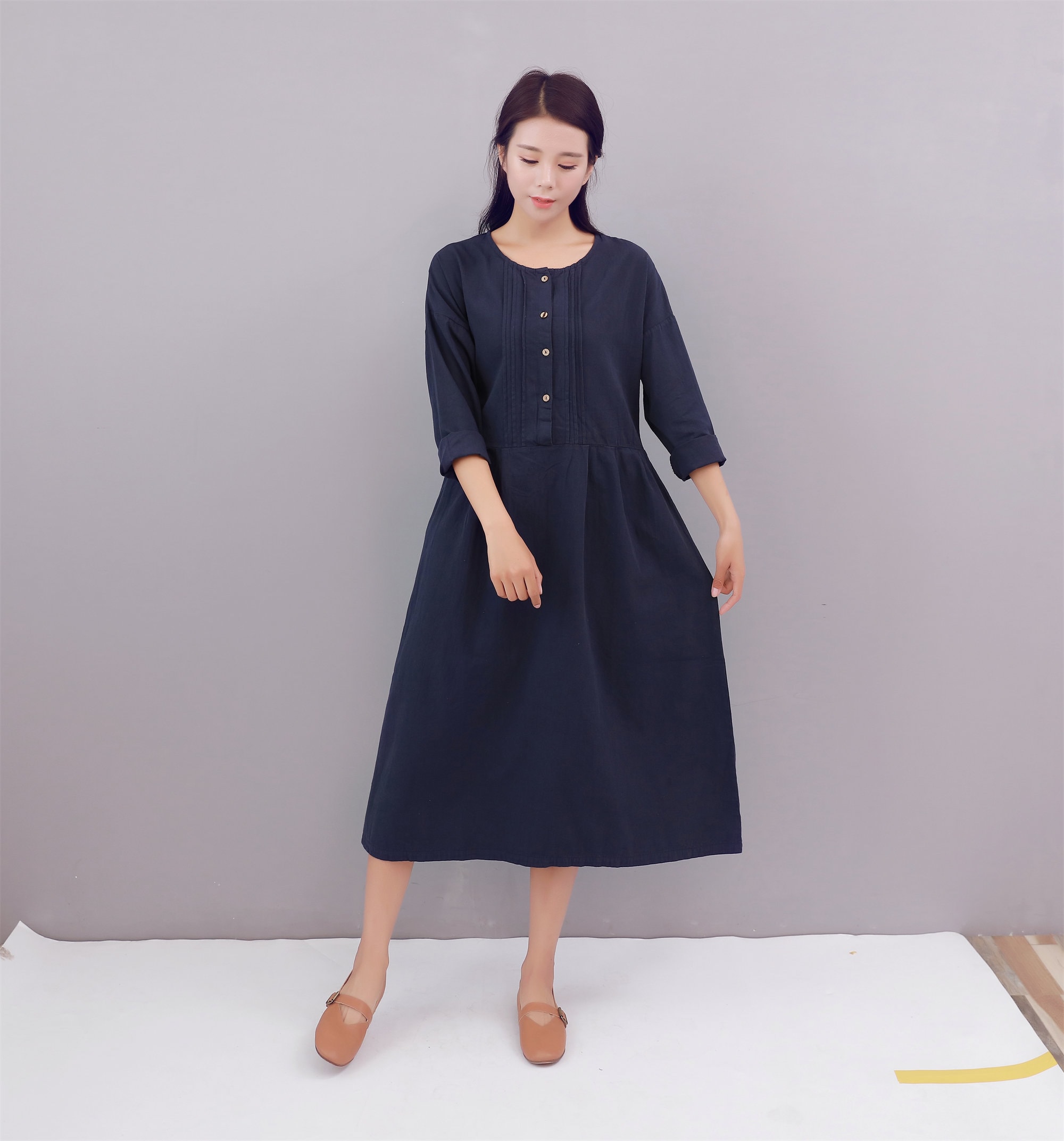 Formal Shift Dress Clearance Spring Fall Dress Cotton Dress Casual Loose  Dresses Nine-point Sleeves Midi