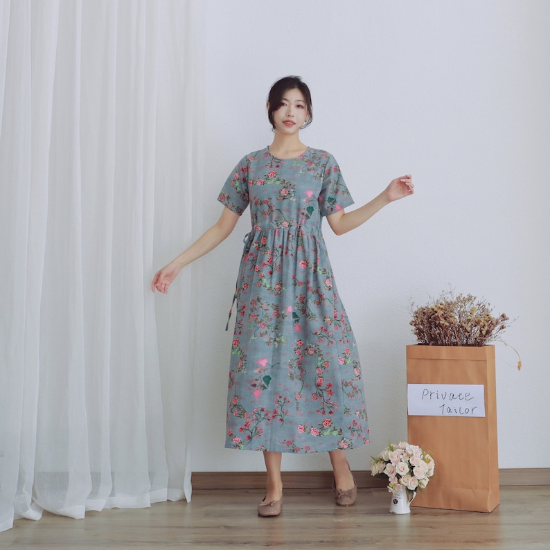 Summer Printed Cotton Dress Floral Casual Loose Robes Short Sleeves Dress Boho Midi Dresses Customize Dress Plus Size Clothes Linen Dress image 1