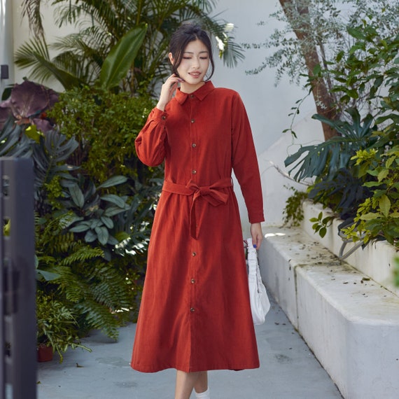 knee length dresses for ladies Brown Warm Cotton Corduroy Deep Neck Midi Wrap Dress 38