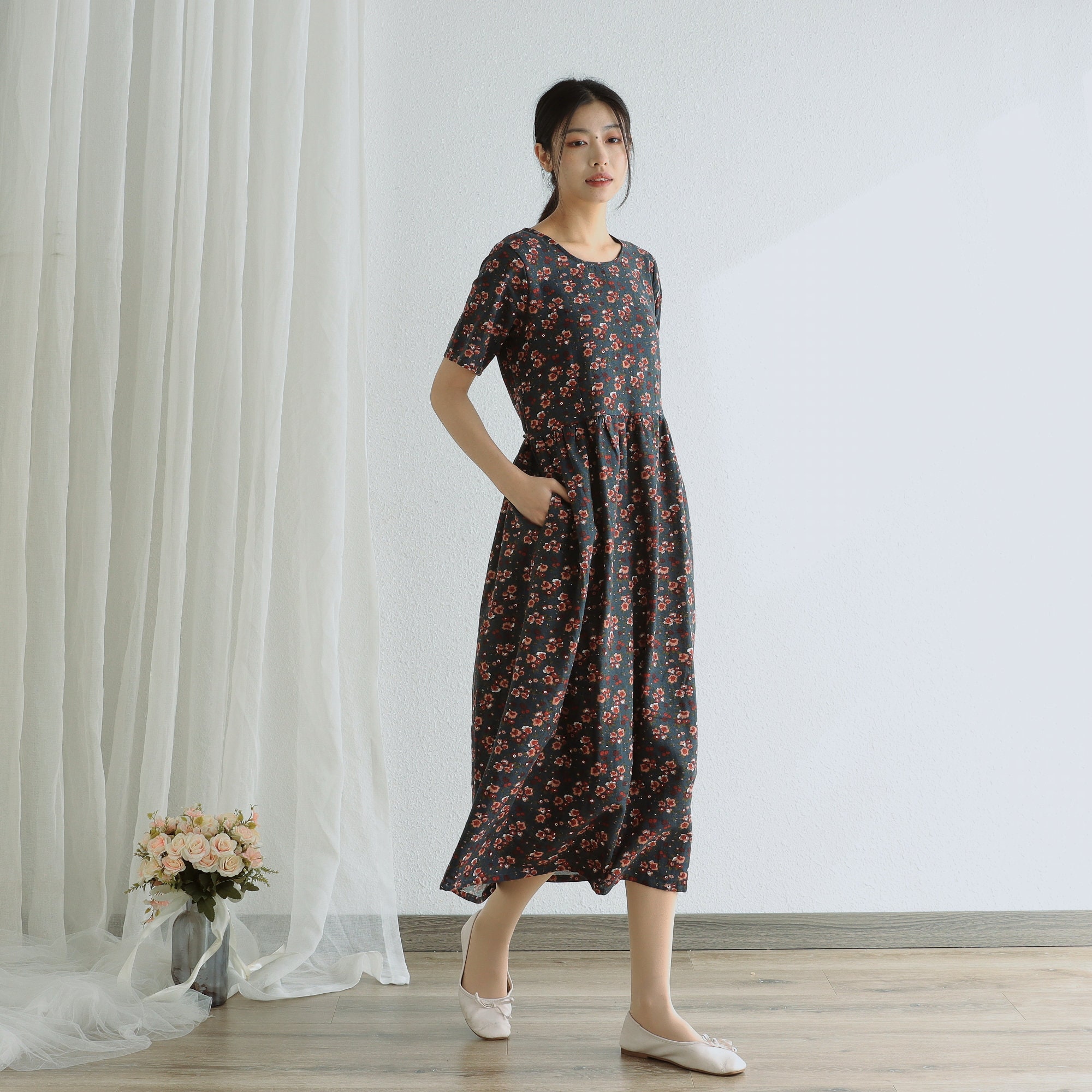 chinese dress ladies Blue Cotton Lemon Print Maxi Dress - All Dresses