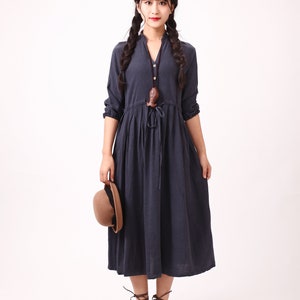 Women Long Sleeves Cotton Dress Soft Casual Loose Tunics Shirt V-neck Robes Midi Dresses Customized Dress Plus Size Clothing Linen image 2