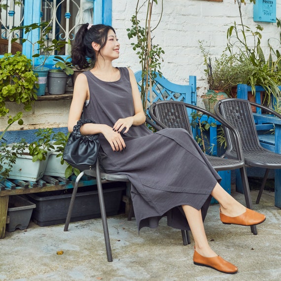 a line dress cotton Emely Lapel V-neck Symmetrical Pocket A-line Cotton Dress (No Belt), Denim Blue / L