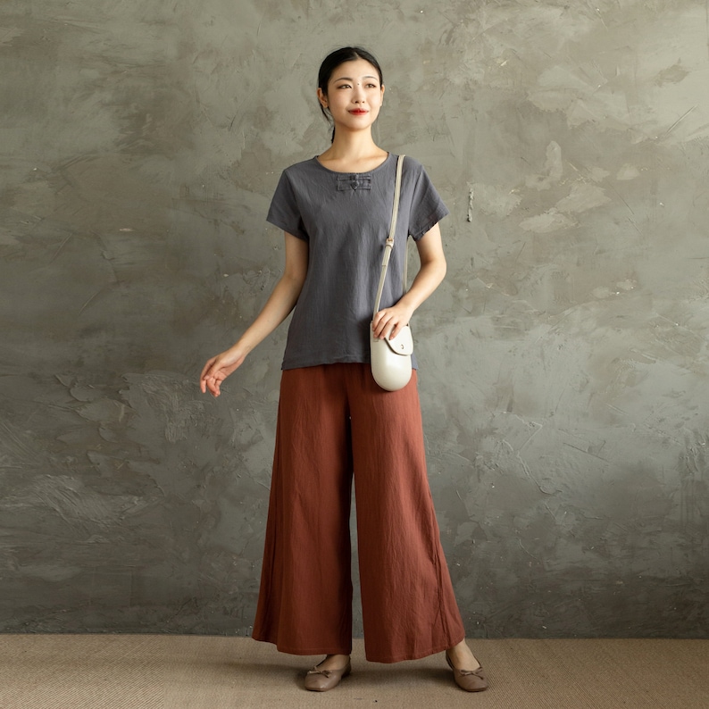 Summer Women Elastic Waist Cotton Pants Soft Casual Loose Boho Trousers Wide Leg Pant Customized Plus Size Pants Linen Spring Pant image 2