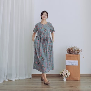 Summer Printed Cotton Dress Floral Casual Loose Robes Short Sleeves Dress Boho Midi Dresses Customize Dress Plus Size Clothes Linen Dress image 5