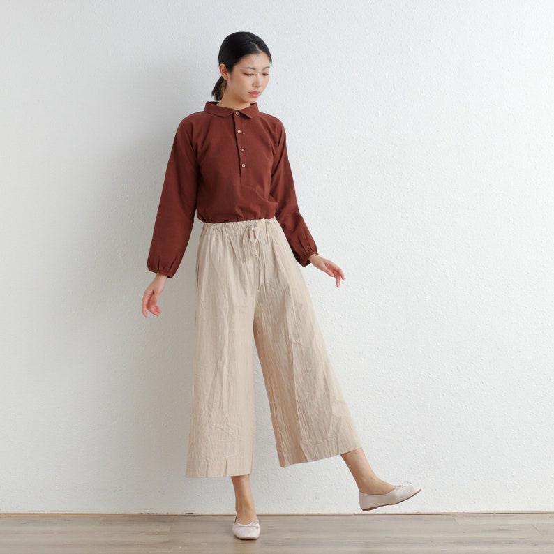 Summer Elastic Waist Cotton Pants Soft Casual Loose Cropped Pant Midi Trousers Wide Leg Skirt Pant Customized Plus Size Pants Linen image 1