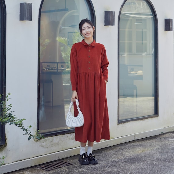 Winter/Fall 100%Cotton Corduroy Dress Long Sleeves Midi Dress Loose Thicker Warm Buttons Shirt Collar Dress Customized Plus Waistline Dress