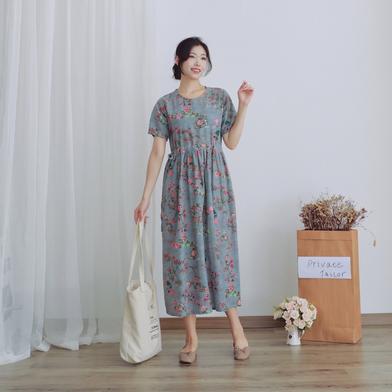 Summer Printed Cotton Dress Floral Casual Loose Robes Short Sleeves Dress Boho Midi Dresses Customize Dress Plus Size Clothes Linen Dress image 2