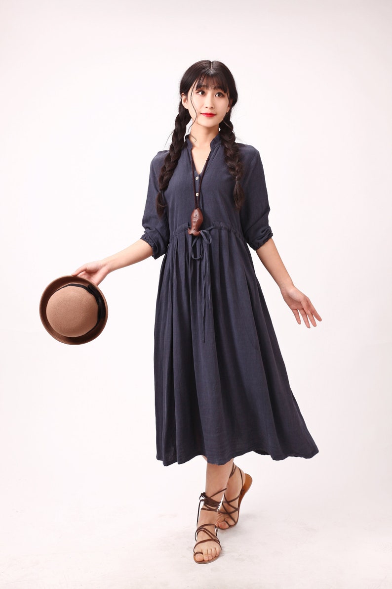 Women Long Sleeves Cotton Dress Soft Casual Loose Tunics Shirt V-neck Robes Midi Dresses Customized Dress Plus Size Clothing Linen image 1