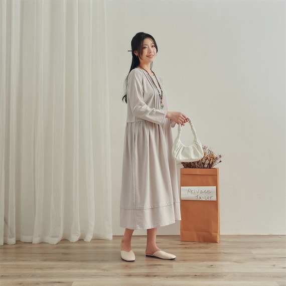 Spring Cotton Dress Long Sleeves Cotton Dress Loose Robes Dress Boho Maxi Dresses Customized Dress Plus Linen Dress Pocket Dress