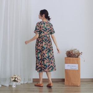 Printed Summer Dress Cotton Dress Casual Loose Tunics Short Sleeves V-neck Shirt Robes Knee Dresses Customized Dress Plus Size Linen Dress image 7