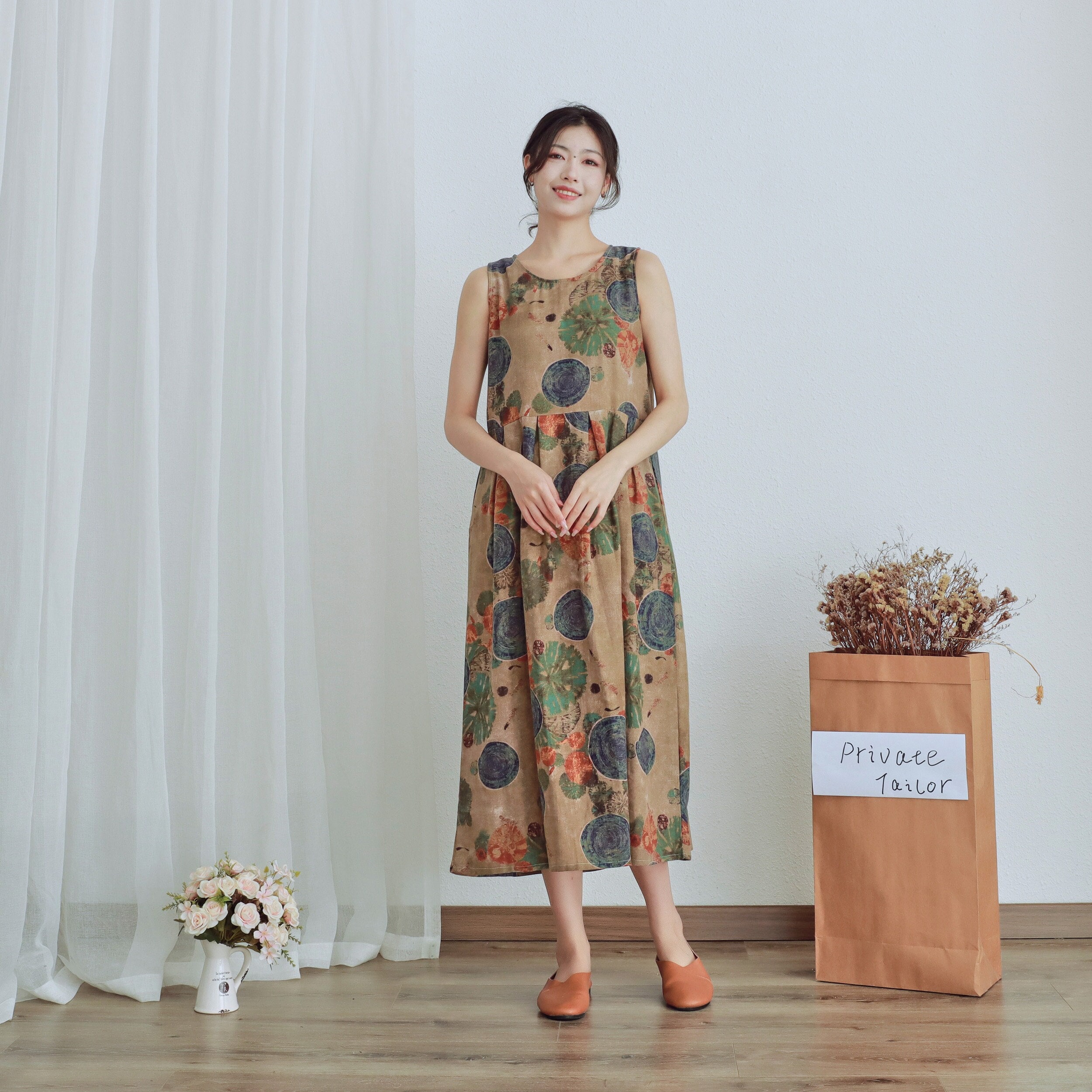 Summer Printed Cotton Dress Floral Casual Loose Robes Sleeveless Dress Boho Midi Dresses Customized Dress Plus Size Clothing Linen Dress