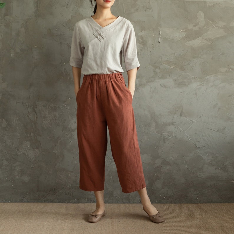 Summer Elastic Waist Cotton Pants Soft Casual Loose Cropped Pant Midi Trousers Wide Leg Skirt Pant Customized Plus Size Pants Linen Pant image 1