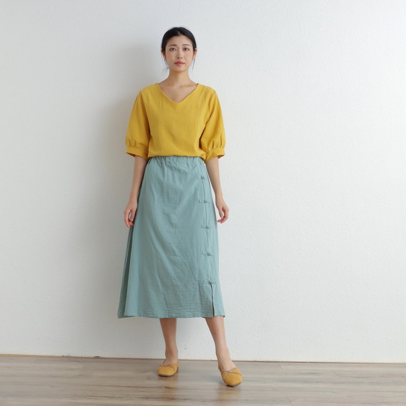 Summer Cotton Skirt Casual Loose Skirts A-line Pleated Elastic Waist Skirt Flared Midi Skirts Customized Plus Size Skirt Boho Linen image 5