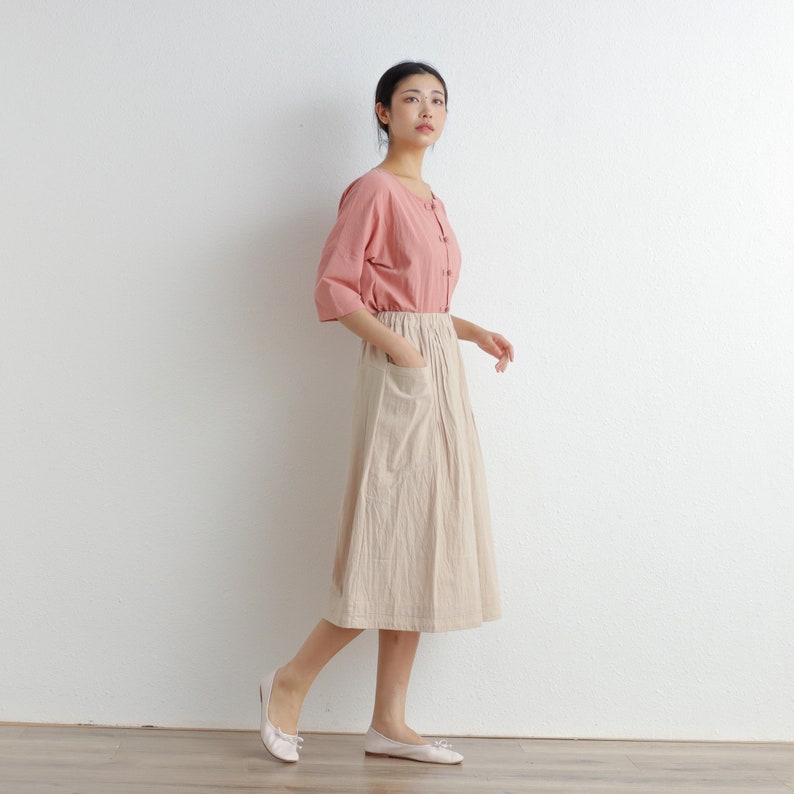 Summer Cotton Skirt Casual Loose Skirts A-line Pleated Elastic Waist Skirt Flared Midi Skirts Customized Plus Size Skirt Boho Linen image 3