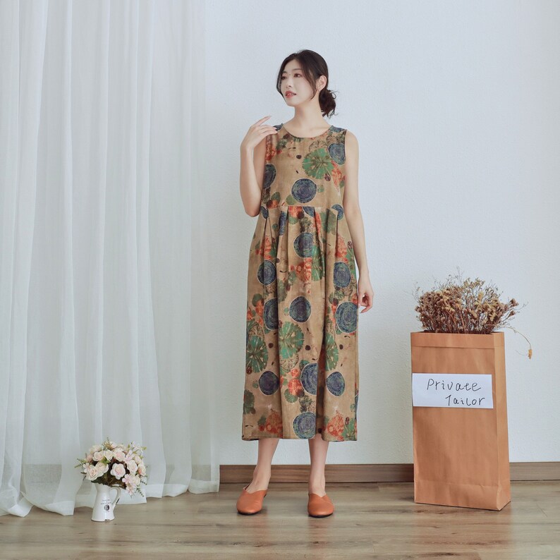 Summer Printed Cotton Dress Floral Casual Loose Robes Sleeveless Dress Boho Midi Dresses Customized Dress Plus Size Clothing Linen Dress image 2