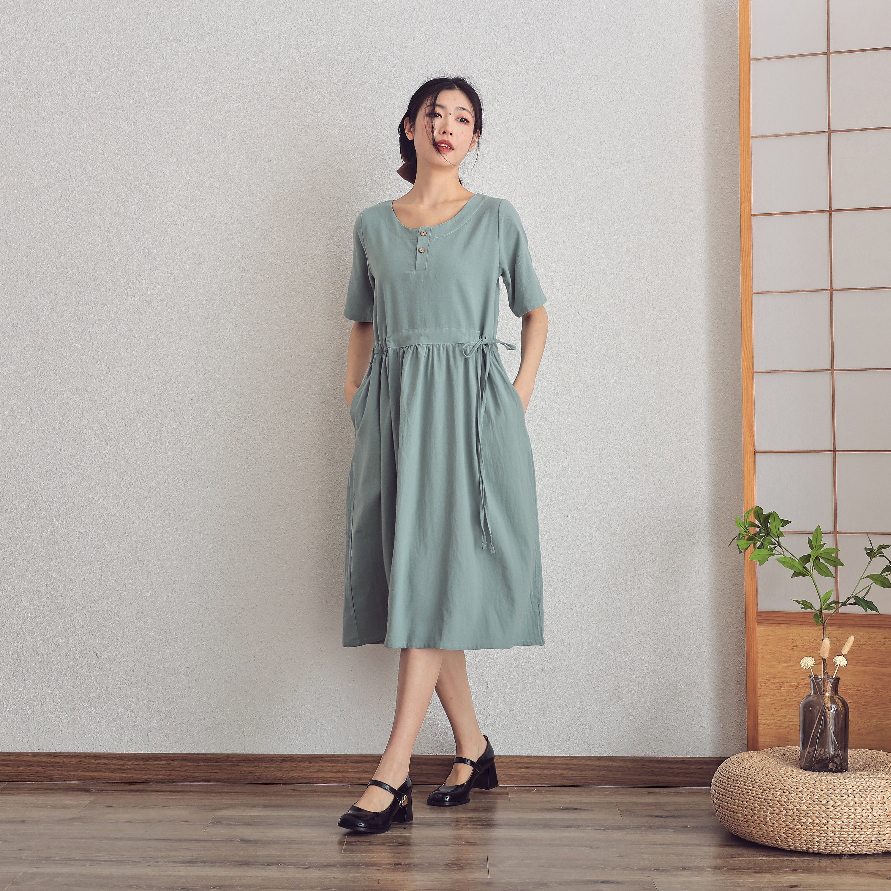 knee length cotton dress Floral Printed Blue-Toned Knee-Length Cotton Shirt Dress