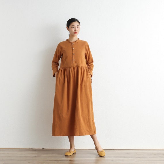 knee length dresses for ladies Casual Summer Loose Round Neck Cotton Pocket Dress Summer Women Clothes Q1061 M / Khaki main image 0