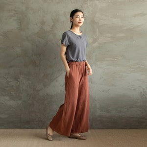 Summer Women Elastic Waist Cotton Pants Soft Casual Loose Boho Trousers Wide Leg Pant Customized Plus Size Pants Linen Spring Pant image 4