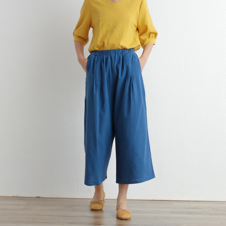 Summer Cropped Pant Elastic Waist Pant Cotton Pants Soft Casual Loose Trousers Wide Leg Skirt Pant Customized Plus Size Pants Linen Pant image 4