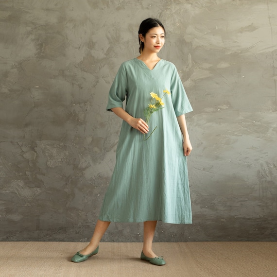 Summer Cotton Dress Shirt Casual Loose Dress Tunics Half Sleeves Robes Knee Dresses Customized Dress Plus Size Clothing Linen Dress