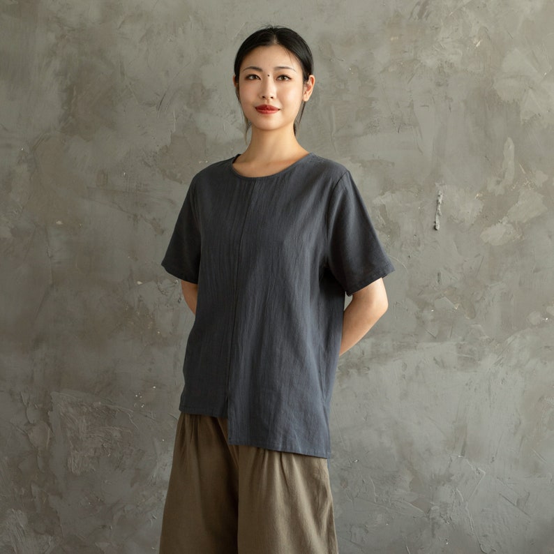 Summer Cotton Tops Women's Shirt Short Sleeves Blouse Irregular Casual Loose Kimono Customized Shirt Top Plus Size Clothes Linen image 5